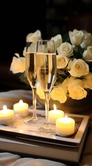 Fototapeta na wymiar ozy Winter Night with Champagne and White Roses