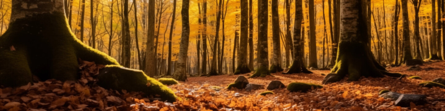 panoramic forest of trees with yellow autumnal colors, poetic picture 