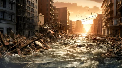 Foto op Plexiglas Flood in the city, ocean flow erases the city, destroyed buildings, flood. © Рика Тс