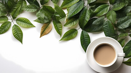 cup of coffee with leaves on a white background with ad space