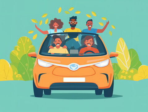 Flat Illustration of a diverse group of friends carpooling in an eco-friendly hybrid car