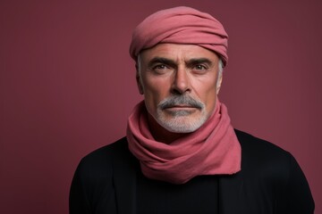 Portrait of a content man in his 50s wearing a versatile buff against a solid color backdrop. AI Generation