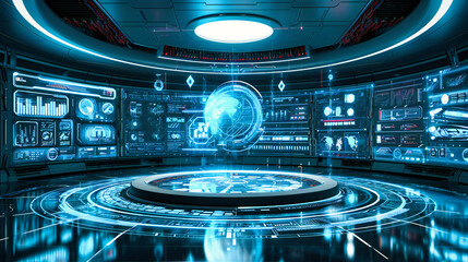 Sci-Fi Command Center: Futuristic Technology with Holographic Interfaces in a Spaceship Cockpit