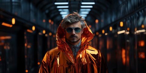 20s futuristic man standing wearing an iridescent jacket with sunglasses, looking to the camera. Concept of cyberpunk fashion 