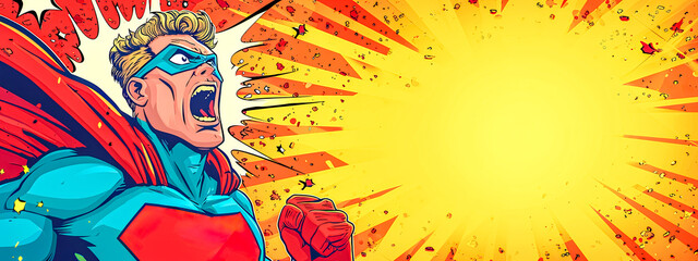 A dynamic comic book style illustration of a superhero shouting, with a burst of rays expanding from behind, in a classic pop art explosion of color and energy.