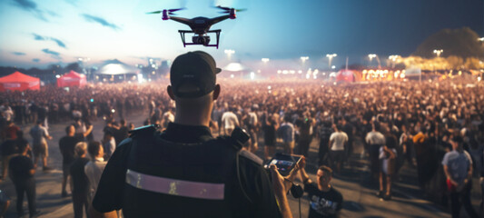 Police officer uses a drone to monitor crowd Control, Cityscape Monitoring, legal services danger, law patrol, Police Officer Expertise in Emergency, Blurred image - obrazy, fototapety, plakaty