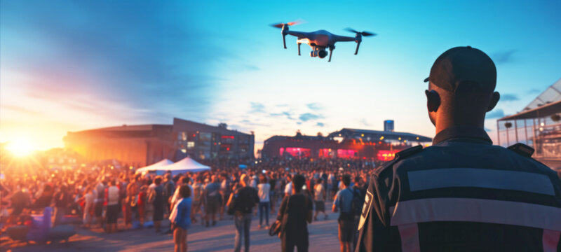 Police officer uses a drone to monitor crowd Control, Cityscape Monitoring, legal services danger, law patrol, Police Officer Expertise in Emergency, Blurred image