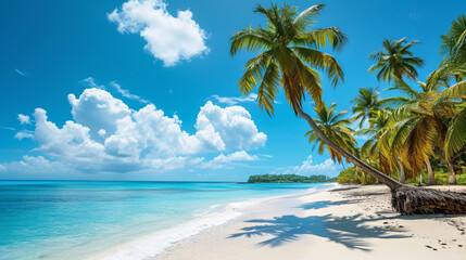 Tropical paradise, palm trees, blue sky, a sandy beach and blue water, dream vacation