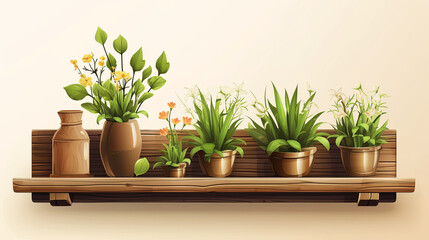 Natural banner with summer plants. Flower pots on wooden shelf.
