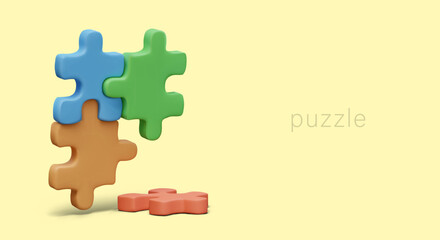Poster with blue, green, orange, and red puzzles. Business, strategy, finding solution concept