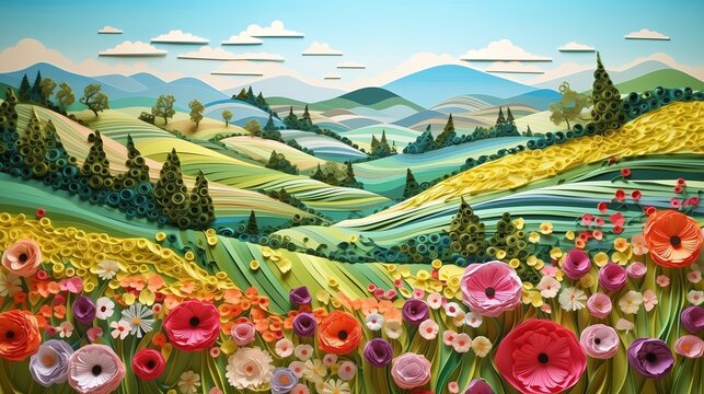 Beautiful spring landscape in paper cut and quilling art technique.