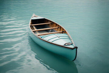 Fototapeta na wymiar A Blue Boat Adventure Awaits on the Crystal Waters of our Serene Lake