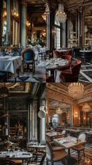 A glimpse into a lavish classic restaurant featuring marble tabletops, ornate chairs, and an atmosphere of refined grandeur