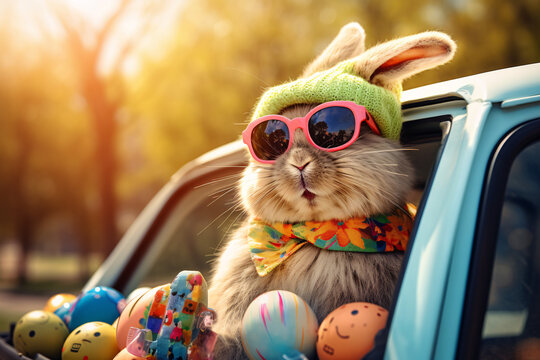 Niedlicher Osterhase mit Sonnenbrille schaut aus einem mit Ostereiern gef&uuml;llten Auto