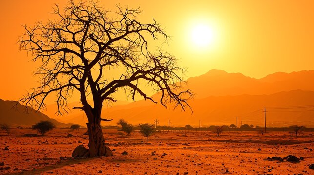 Desolate Beauty - Lone Tree in Vast Desert at Sunset