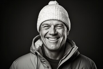 Portrait of a grinning man in his 50s dressed in a warm ski hat against a solid pastel color wall....