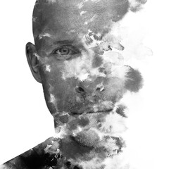 A black and white double exposure male portrait in an artistic manner