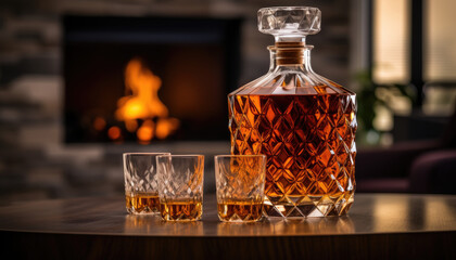 Glass alcohol decanter filled with whiskey with faceted glasses standing on modern table against house fireplace