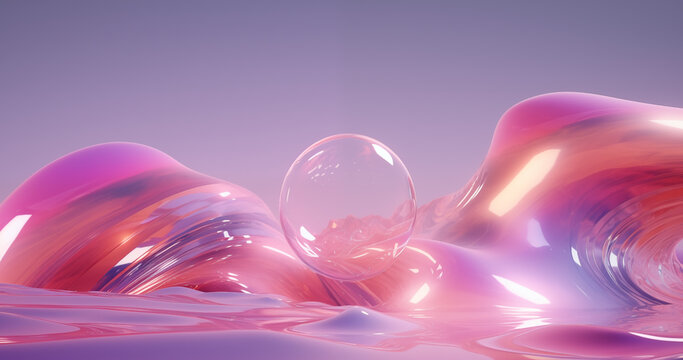 calm and dreamy environement, sphere ball bubble in surreal background, 3D render iridescent abstract fantasy	
