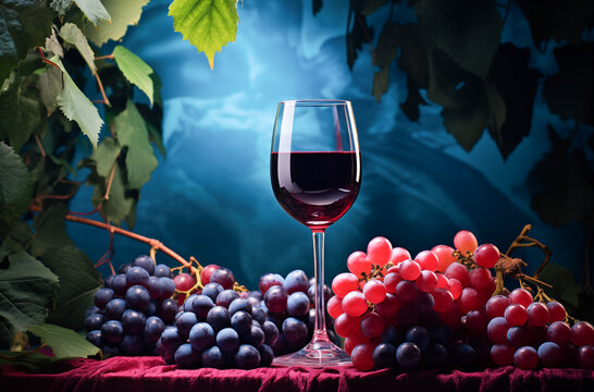 Glass of red wine, grapes and vine leaves