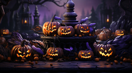 Halloween podium with pumpkins on purple background
