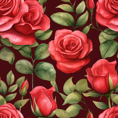 a set of watercolor red rose flowers and leaves
