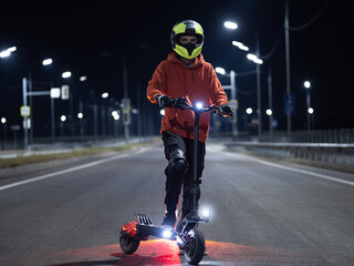 A young man on a powerful electric scooter on the road at night. Wearing a helmet and knee pads....