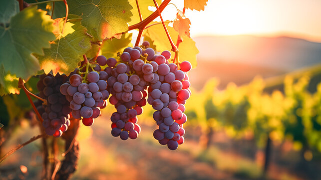 Argentine Malbec vine grapes in vineyard in sunset light