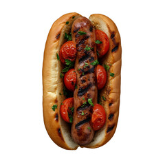 grilled sausage hotdog with tomatoes . Clipart PNG image . Transparent background . Generative AI 