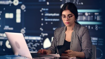 Business woman working laptop smartphone cyberspace big data analyzing at futuristic screen diagram - Powered by Adobe