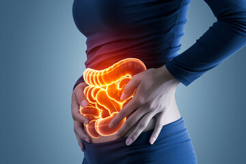 Gastrointestinal complaints concept, a woman holding her stomach, hologram intestines depicting abdominal pain or discomfort - obrazy, fototapety, plakaty