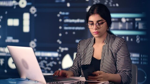 Business woman working laptop smartphone cyberspace big data analyzing at futuristic screen diagram - Powered by Adobe