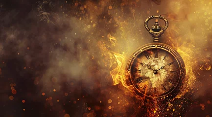 Foto op Canvas A close-up photo of a gold pocket watch engulfed in flames. Copy space. Deadline and urgency concept. © izzuan