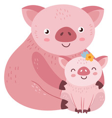 Pig and piglet animals. Cute characters in childish print style