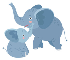 Elephant playing with baby. Cute animal. Funny characters