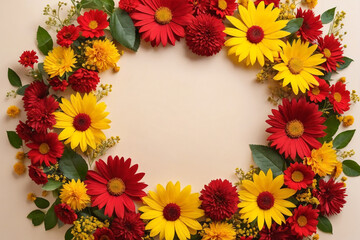 Fototapeta na wymiar Frame made of red and yellow flowers
