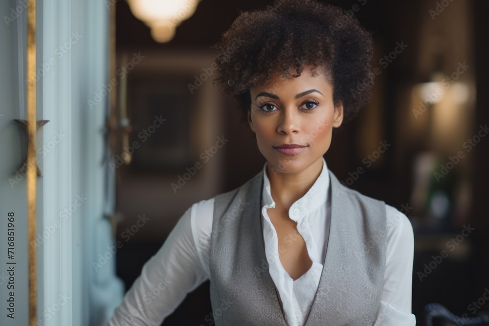 Wall mural Portrait of a tender afro-american woman in her 30s dressed in a polished vest against a scandinavian-style interior background. AI Generation