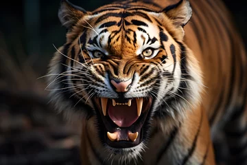 Foto auf Acrylglas Antireflex portrait of tiger face roaring closeup dynamic lighting © NOOPIAN