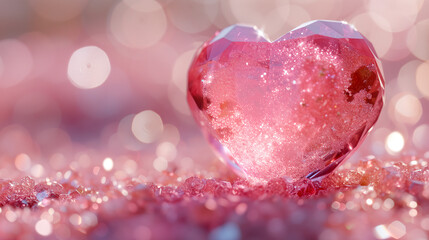 Creamy pink 3D heart with bokeh background. Romantic Valentine's Day shiny crystal heart background - obrazy, fototapety, plakaty
