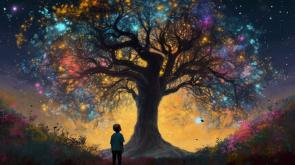 in a fairy world a huge tree full of colores