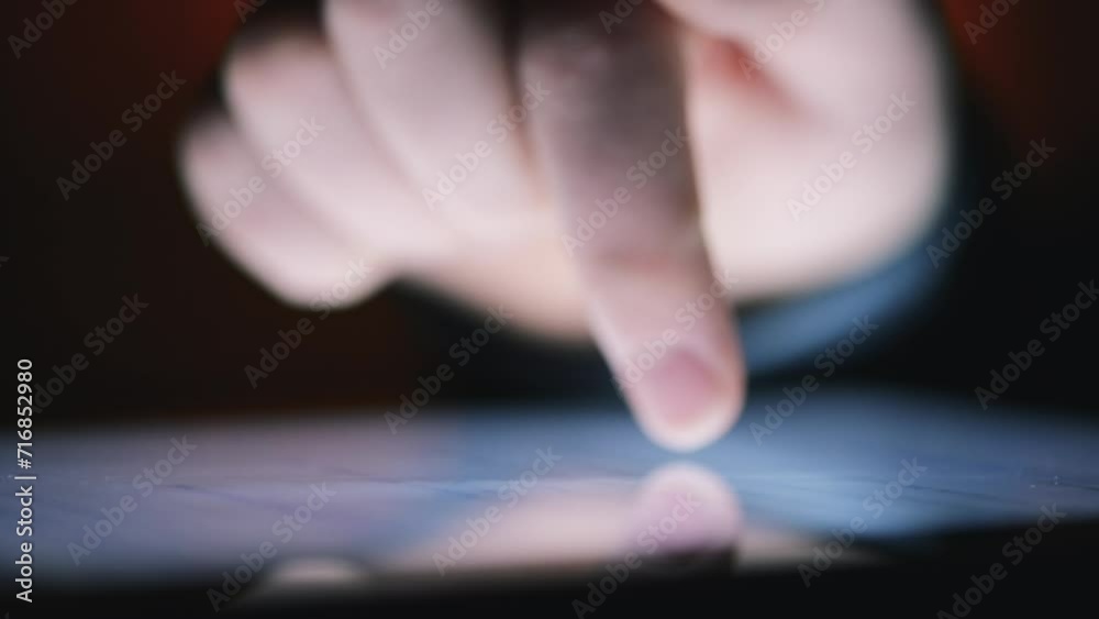 Poster phone, finger scrolling on screen for information or research closeup in studio on dark background. 
