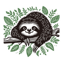 Cute sloth on a tree branch. Vintage vector engraved illustration. Contour drawing, line art, woodcut. Icon, logo, emblem
