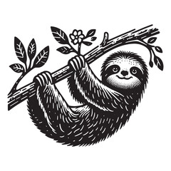 Cute sloth on a tree branch. Vintage vector engraved illustration. Contour drawing, line art, woodcut. Icon, logo, emblem © Victoria