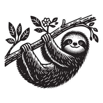 recommend clip art: Cute sloth on a tree branch. Vintage vector engraved illustration. Contour drawing, line art, woodcut. Icon, logo, emblem