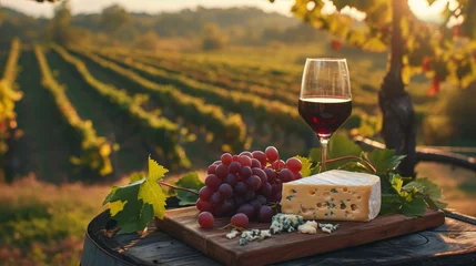 Fotobehang Présentation d'un plateau de fromage avec verre de vin, grappe de raisin et bouteille de vin sur fond de décor de vignoble © Sébastien Jouve