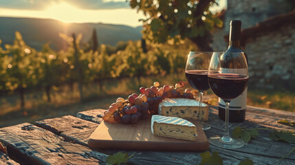Présentation d'un plateau de fromage avec verre de vin, grappe de raisin et bouteille de vin sur fond de décor de vignoble