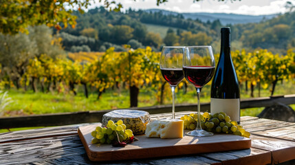 Présentation d'un plateau de fromage avec verre de vin, grappe de raisin et bouteille de vin sur fond de décor de vignoble
