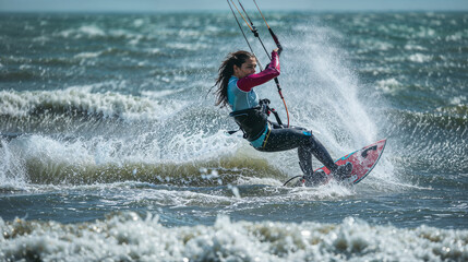 femme sportive faisant du kitesurf en mer près de la côte