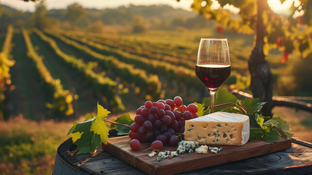 Présentation d'un plateau de fromage avec verre de vin, grappe de raisin et bouteille de vin sur fond de décor de vignoble