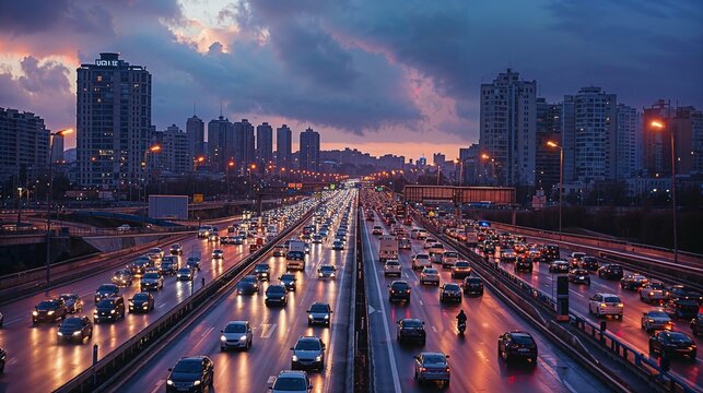 perspective sur une autoroute qui entre dans une ville moderne aux heures de pointe avec un trafic routier important